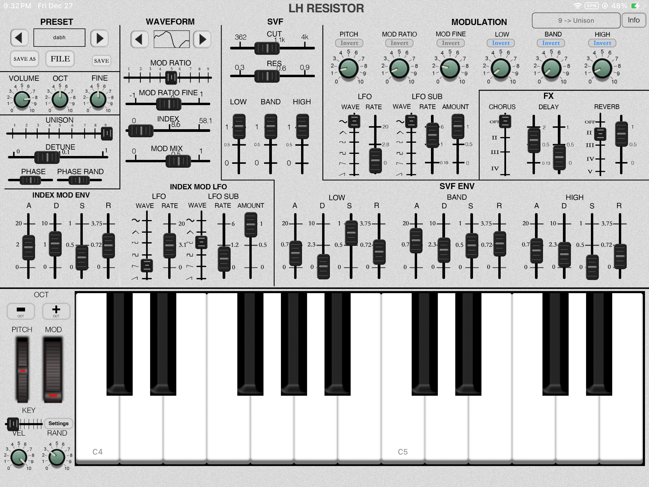 LH Resistor synthesizer interface with FM, unison, filter, modulation, and effects controls